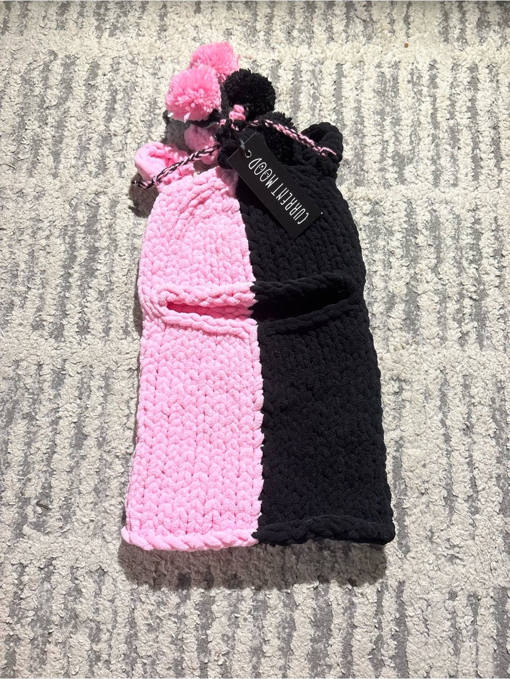 NWT Current Mood dolls kills black pink knit crochet balaclava Pom Pom